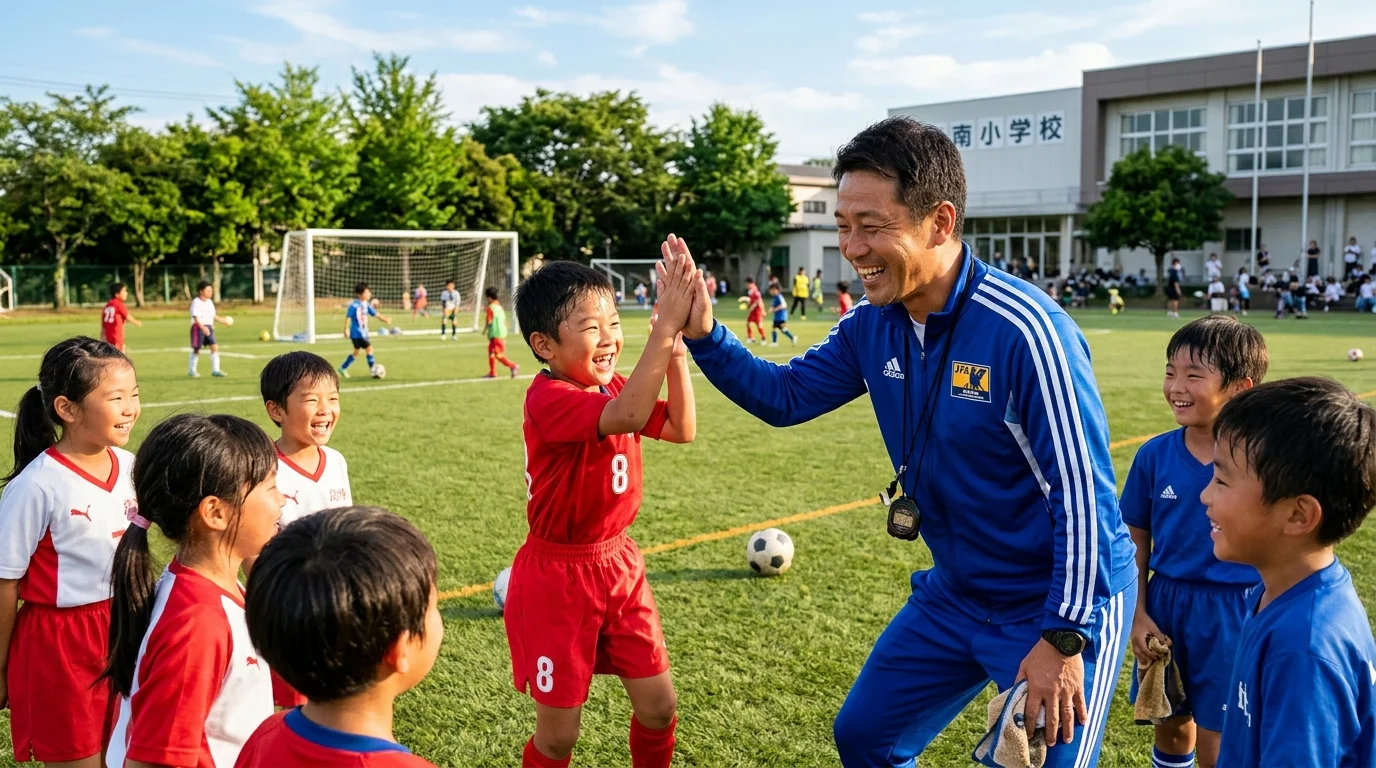 芝生のサッカーグラウンドで子どもたちと笑顔でハイタッチを交わすコーチ